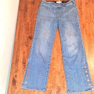 Tribal Jeans Audrey Mid Rise Micro Flare Elastic Waist Pull On Medoum Wash 8